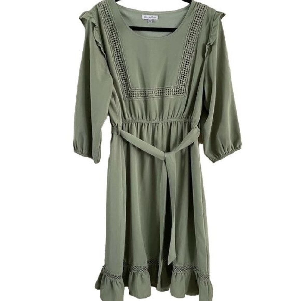 Saving Paige Sage Green Women’s Flowy Midi Dress w/ Belt, Sz Large Cottagecore